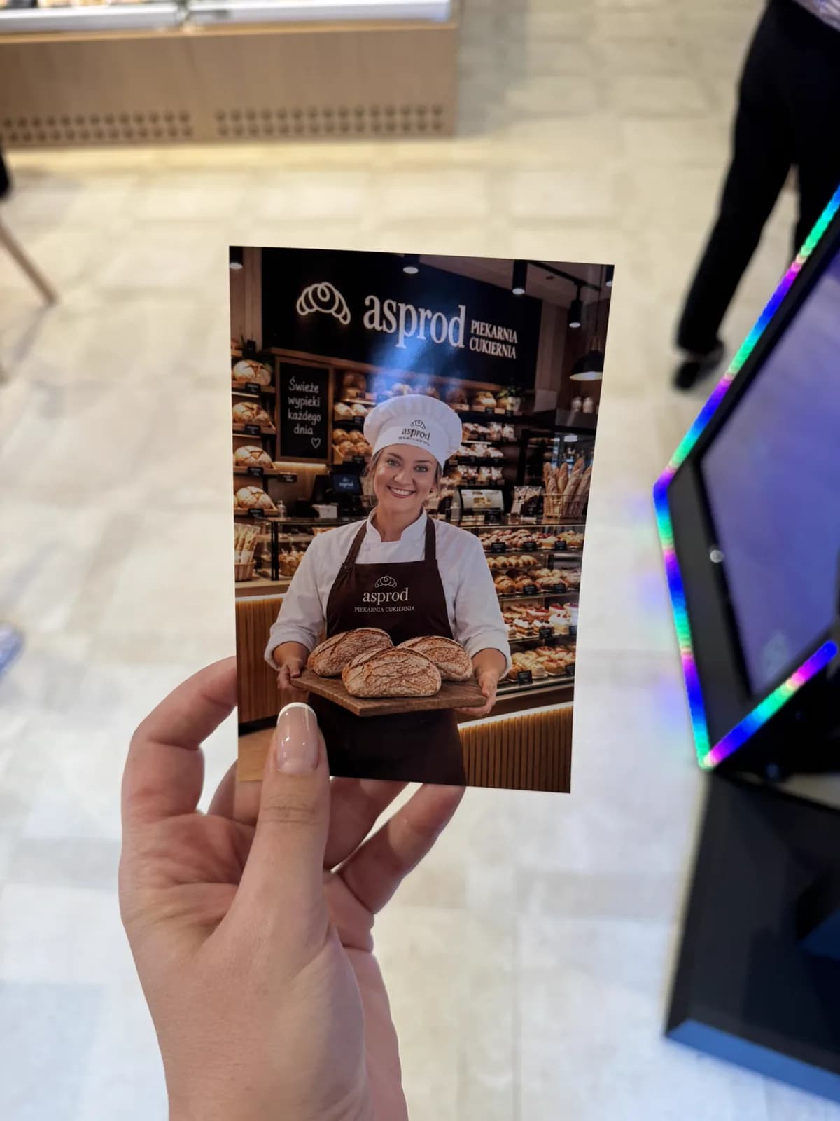 Wydruk z fotobudki AI z portretem w stroju piekarza i oznaczeniami ASPROD